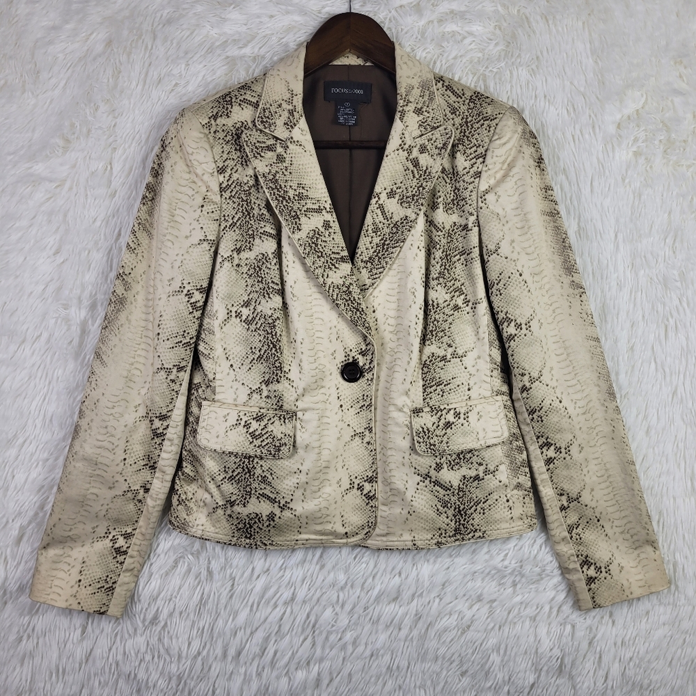 Focus 2000 Womens Snakeskin Print Single Button Blazer Jacket Cream Brown Sz 2